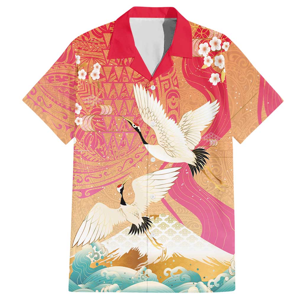 Hawaiian and Japanese Culture Together Hawaiian Shirt Kakau Art Tattoo with Cranes and Sakura Spring Vibe LT03 Multicolor - Polynesian Pride