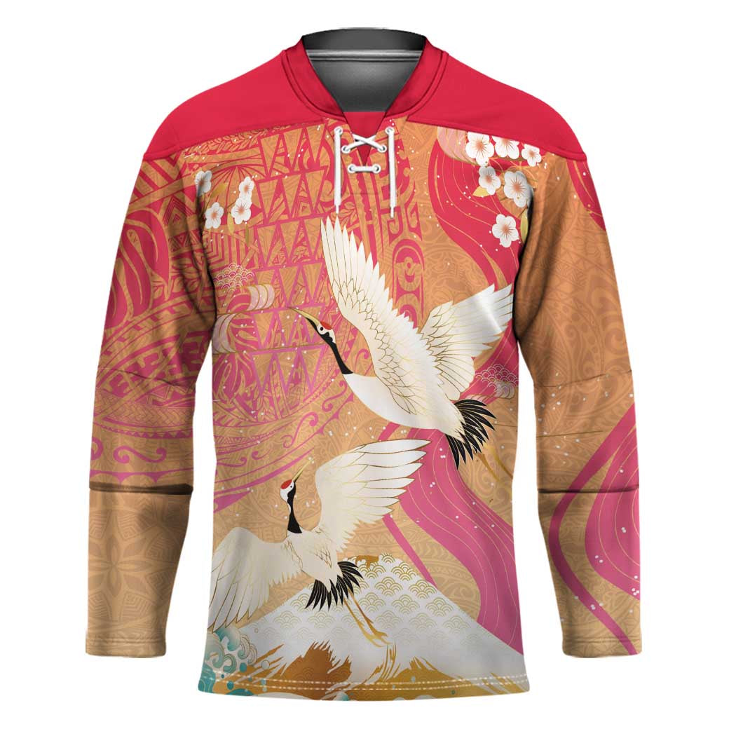 Hawaiian and Japanese Culture Together Hockey Jersey Kakau Art Tattoo with Cranes and Sakura Spring Vibe - Polynesian Pride