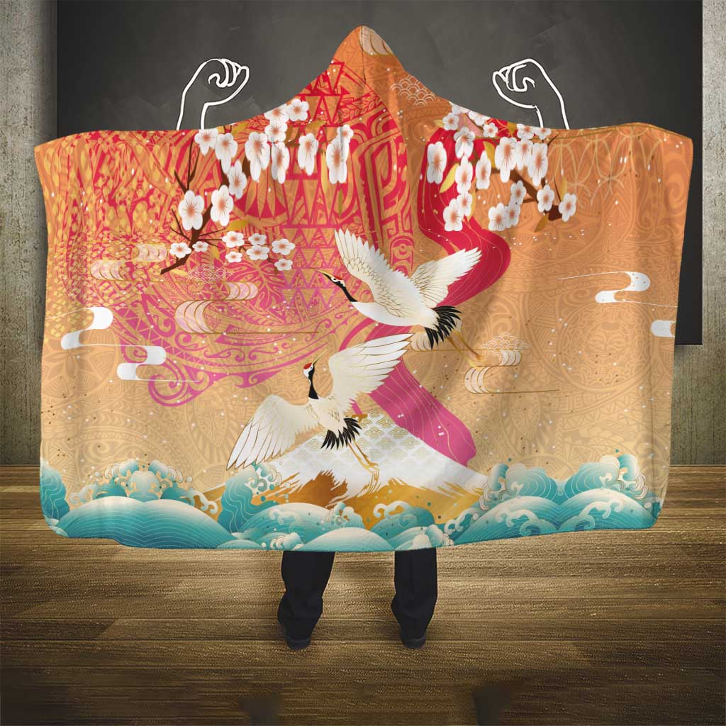 Hawaiian and Japanese Culture Together Hooded Blanket Kakau Art Tattoo with Cranes and Sakura Spring Vibe LT03 - Polynesian Pride
