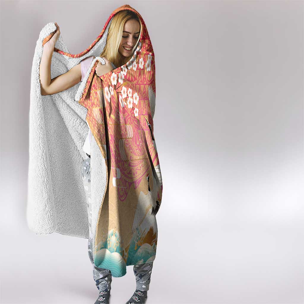 Hawaiian and Japanese Culture Together Hooded Blanket Kakau Art Tattoo with Cranes and Sakura Spring Vibe LT03 - Polynesian Pride