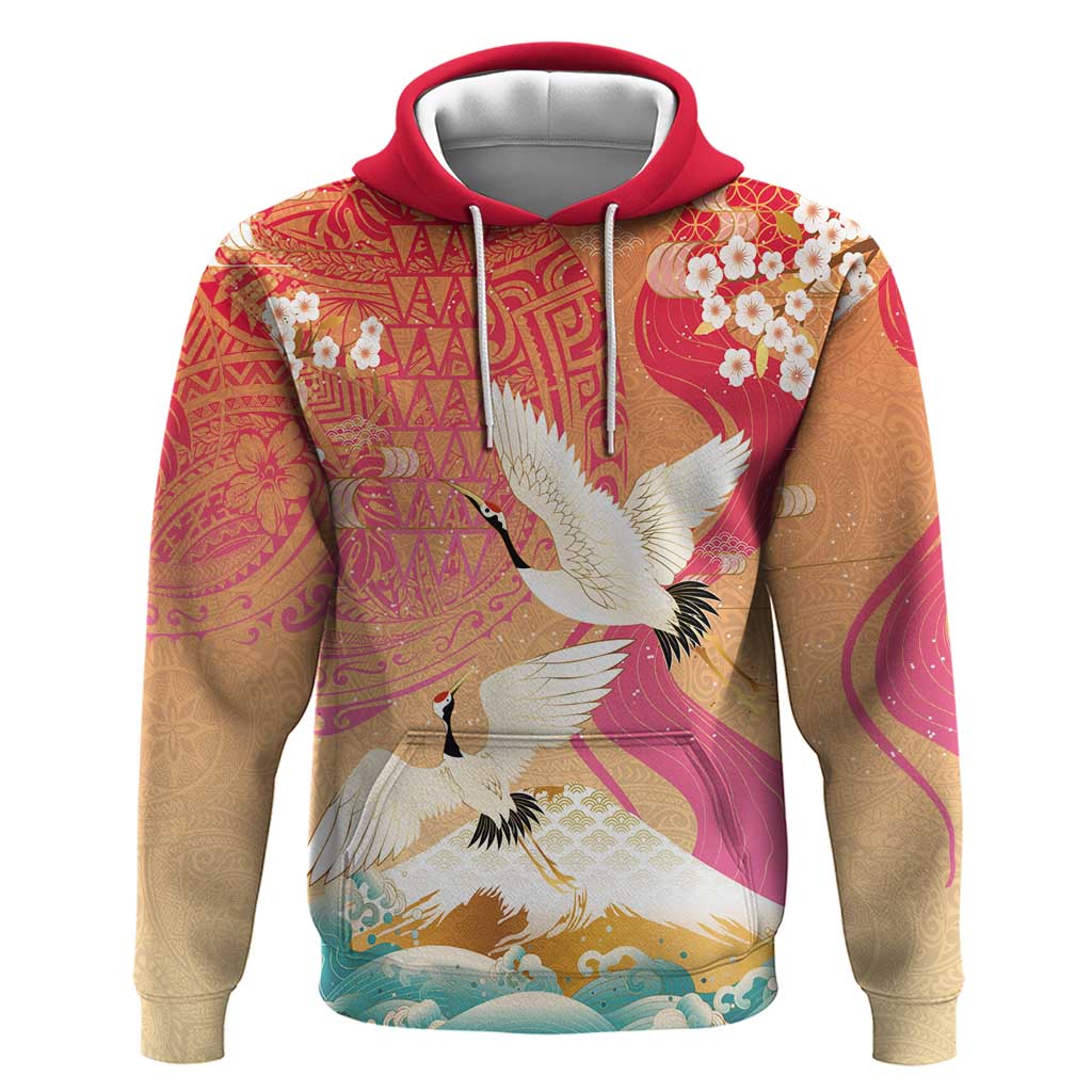 Hawaiian and Japanese Culture Together Hoodie Kakau Art Tattoo with Cranes and Sakura Spring Vibe LT03 Pullover Hoodie Multicolor - Polynesian Pride