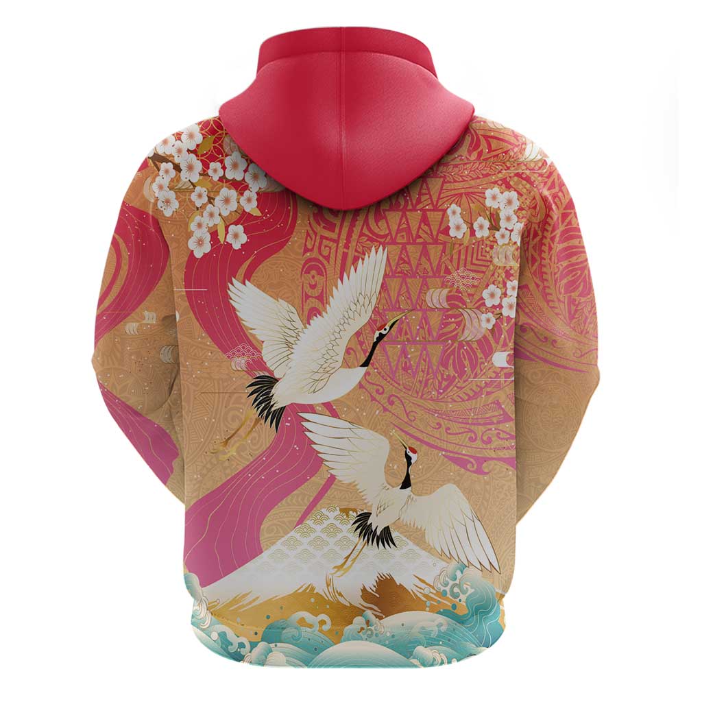 Hawaiian and Japanese Culture Together Hoodie Kakau Art Tattoo with Cranes and Sakura Spring Vibe LT03 - Polynesian Pride