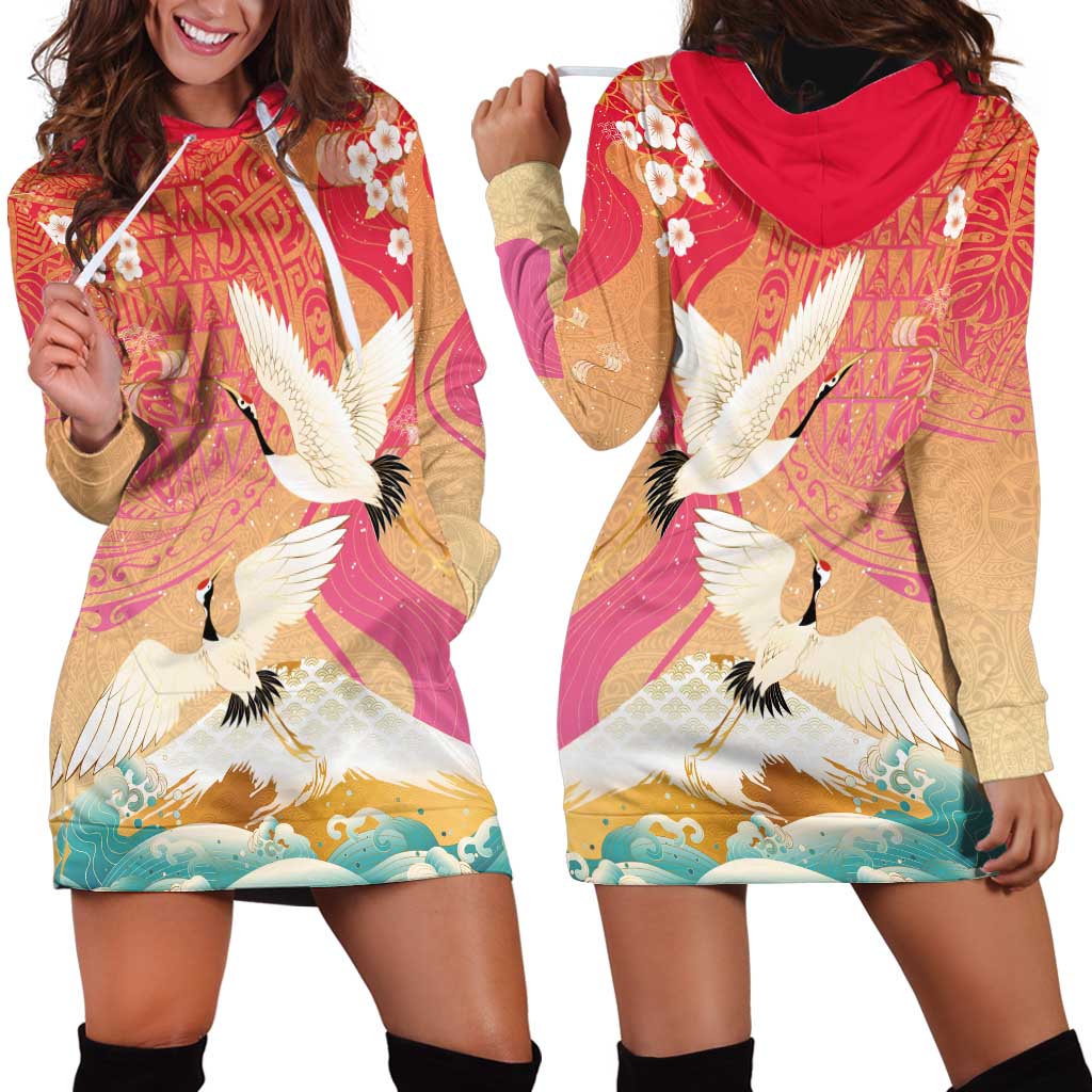 Hawaiian and Japanese Culture Together Hoodie Dress Kakau Art Tattoo with Cranes and Sakura Spring Vibe LT03 - Polynesian Pride