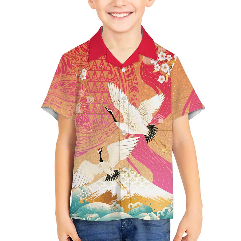 Hawaiian and Japanese Culture Together Kid Hawaiian Shirt Kakau Art Tattoo with Cranes and Sakura Spring Vibe LT03 Kid Multicolor - Polynesian Pride