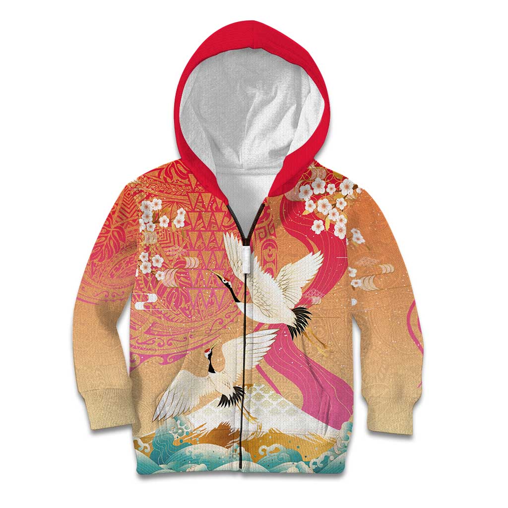 Hawaiian and Japanese Culture Together Kid Hoodie Kakau Art Tattoo with Cranes and Sakura Spring Vibe LT03 Zip Hoodie Multicolor - Polynesian Pride