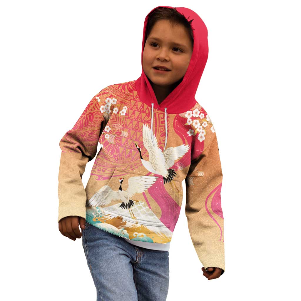 Hawaiian and Japanese Culture Together Kid Hoodie Kakau Art Tattoo with Cranes and Sakura Spring Vibe LT03 - Polynesian Pride