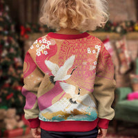 Hawaiian and Japanese Culture Together Kid Ugly Christmas Sweater Kakau Art Tattoo with Cranes and Sakura Spring Vibe LT03 - Polynesian Pride