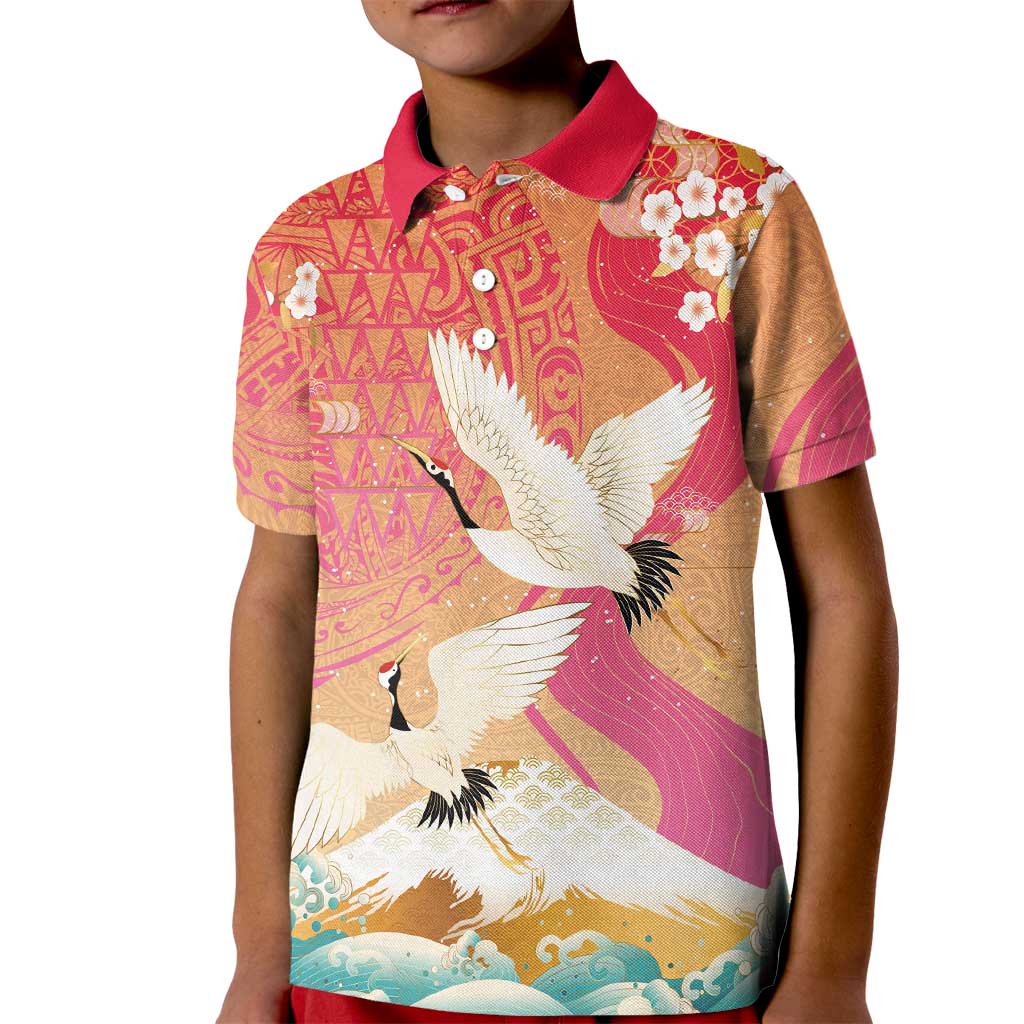 Hawaiian and Japanese Culture Together Kid Polo Shirt Kakau Art Tattoo with Cranes and Sakura Spring Vibe LT03 Kid Multicolor - Polynesian Pride