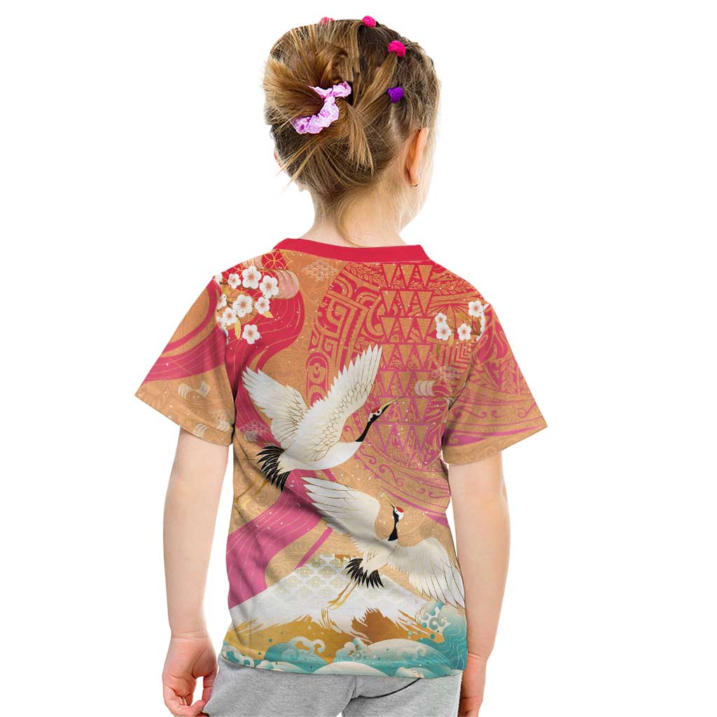 Hawaiian and Japanese Culture Together Kid T Shirt Kakau Art Tattoo with Cranes and Sakura Spring Vibe LT03 - Polynesian Pride