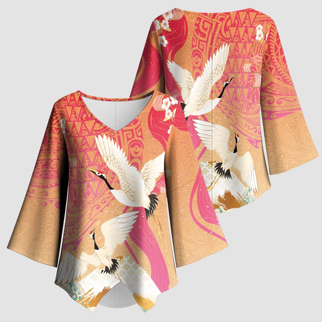 Hawaiian and Japanese Culture Together Kimono Sleeve Blouse Kakau Art Tattoo with Cranes and Sakura Spring Vibe LT03 - Polynesian Pride