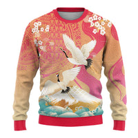 Hawaiian and Japanese Culture Together Ugly Christmas Sweater Kakau Art Tattoo with Cranes and Sakura Spring Vibe LT03 - Polynesian Pride