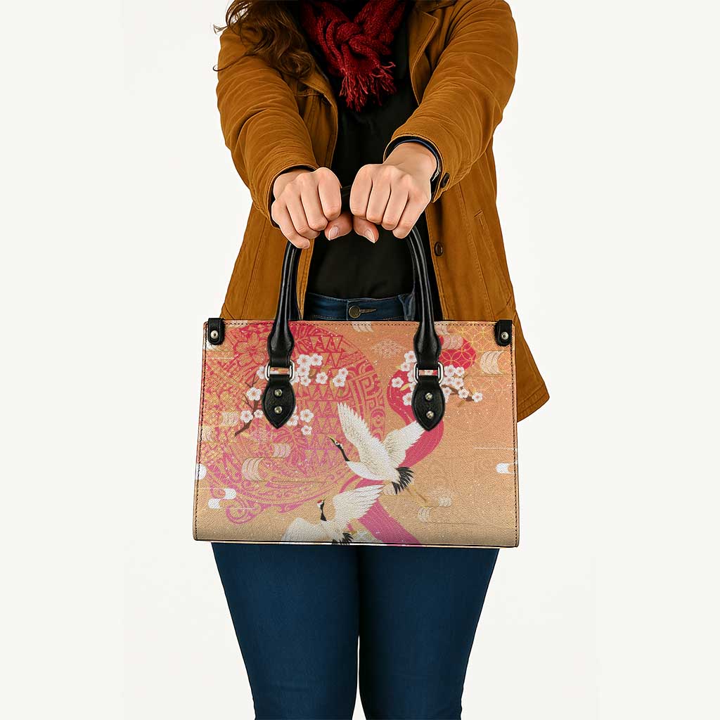 Hawaiian and Japanese Culture Together Leather Bag Kakau Art Tattoo with Cranes and Sakura Spring Vibe LT03 - Polynesian Pride
