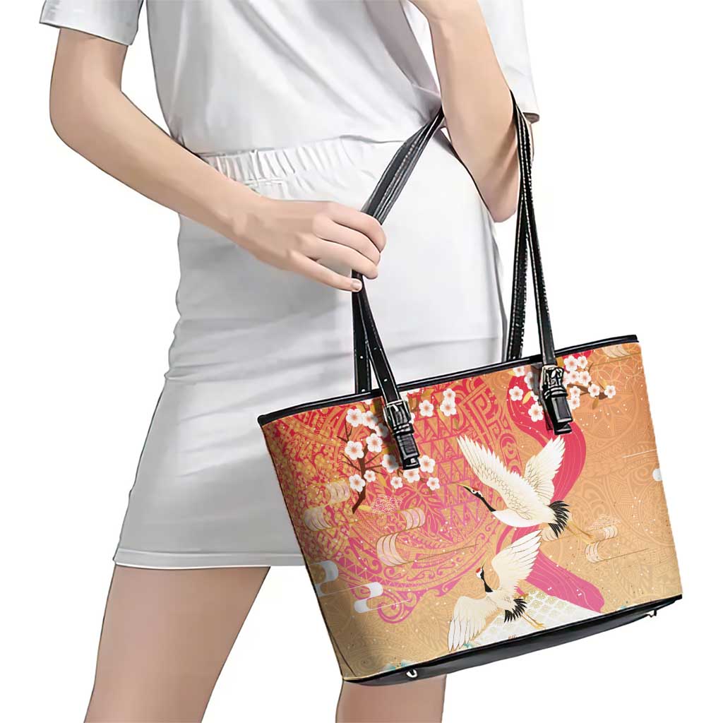 Hawaiian and Japanese Culture Together Leather Tote Bag Kakau Art Tattoo with Cranes and Sakura Spring Vibe LT03 - Polynesian Pride