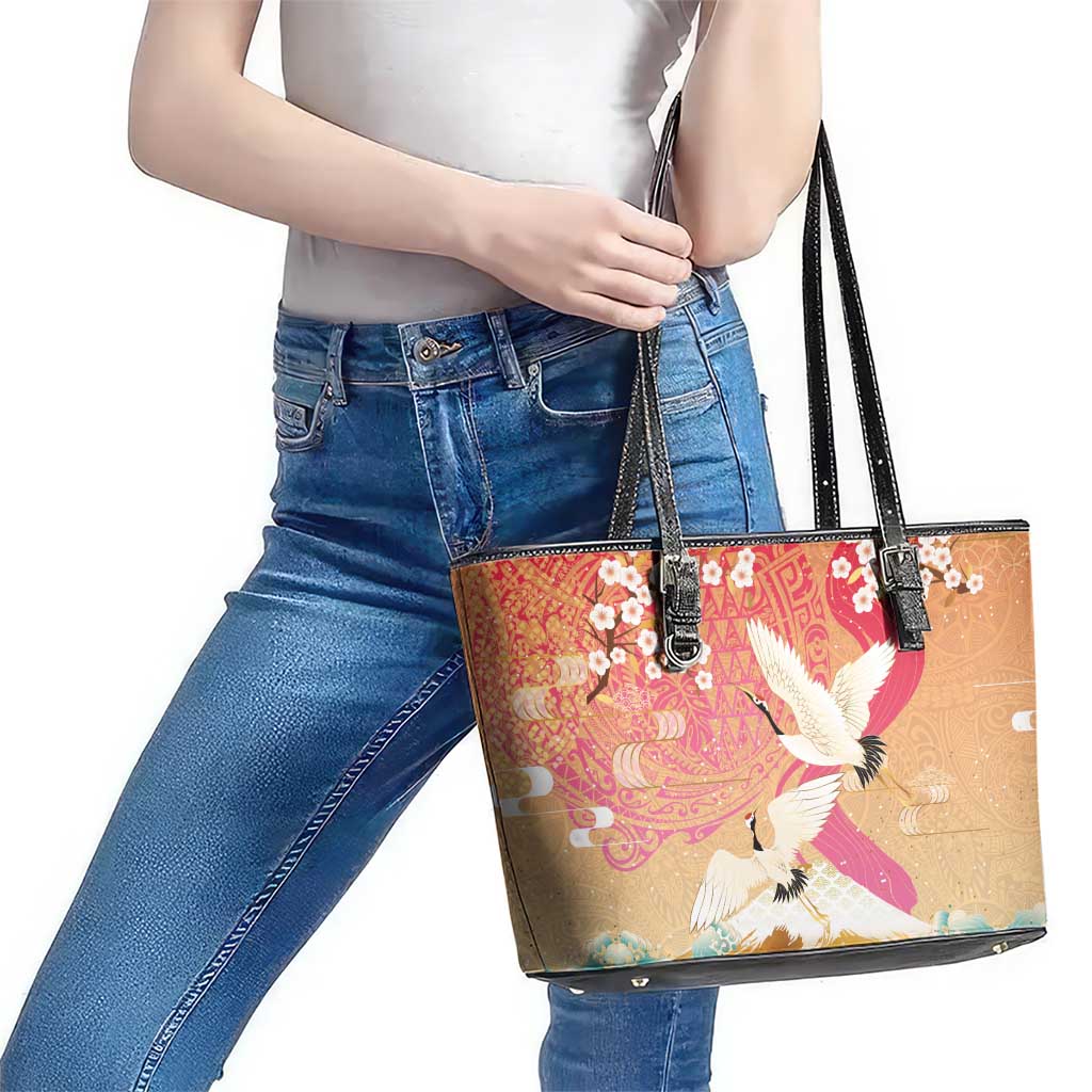 Hawaiian and Japanese Culture Together Leather Tote Bag Kakau Art Tattoo with Cranes and Sakura Spring Vibe LT03 - Polynesian Pride