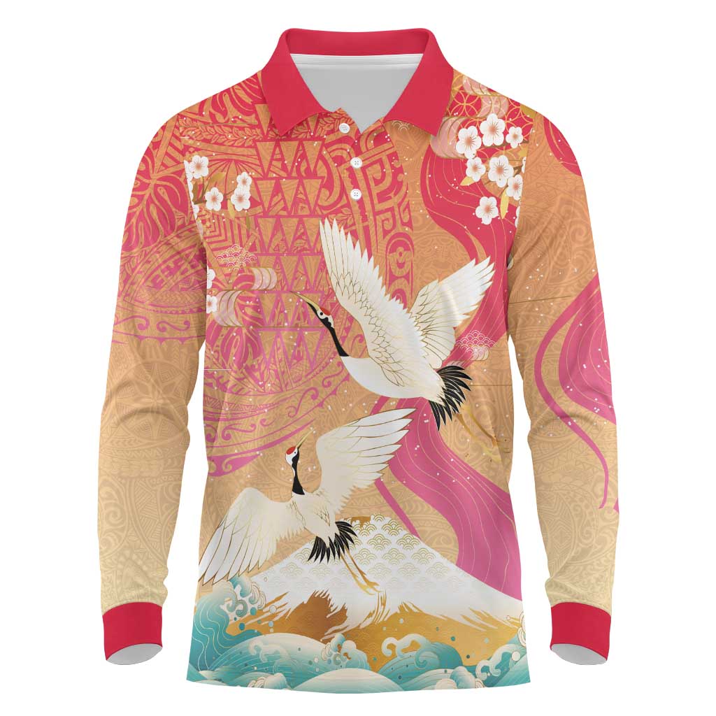 Hawaiian and Japanese Culture Together Long Sleeve Polo Shirt Kakau Art Tattoo with Cranes and Sakura Spring Vibe LT03 Multicolor - Polynesian Pride