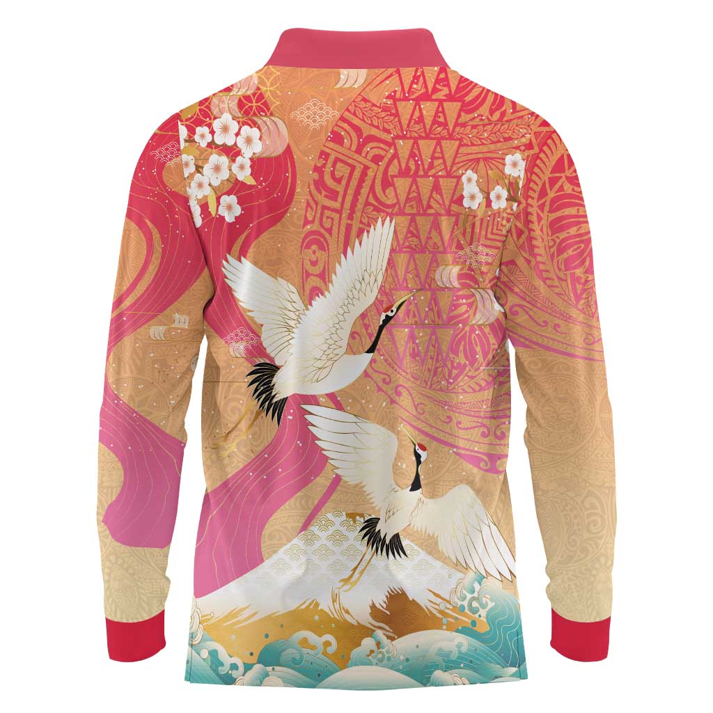 Hawaiian and Japanese Culture Together Long Sleeve Polo Shirt Kakau Art Tattoo with Cranes and Sakura Spring Vibe LT03 - Polynesian Pride