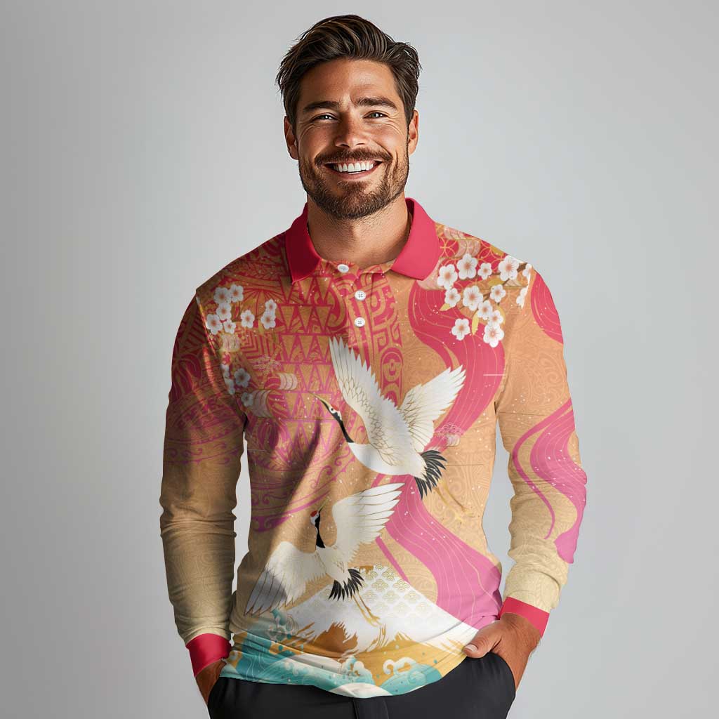 Hawaiian and Japanese Culture Together Long Sleeve Polo Shirt Kakau Art Tattoo with Cranes and Sakura Spring Vibe LT03 - Polynesian Pride
