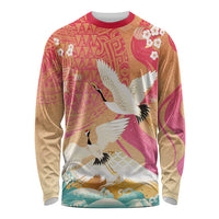 Hawaiian and Japanese Culture Together Long Sleeve Shirt Kakau Art Tattoo with Cranes and Sakura Spring Vibe LT03 Unisex Multicolor - Polynesian Pride