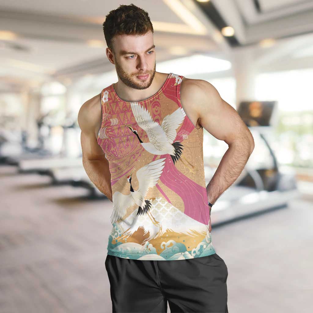 Hawaiian and Japanese Culture Together Men Tank Top Kakau Art Tattoo with Cranes and Sakura Spring Vibe LT03 Multicolor - Polynesian Pride