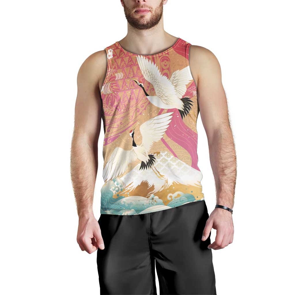 Hawaiian and Japanese Culture Together Men Tank Top Kakau Art Tattoo with Cranes and Sakura Spring Vibe LT03 - Polynesian Pride