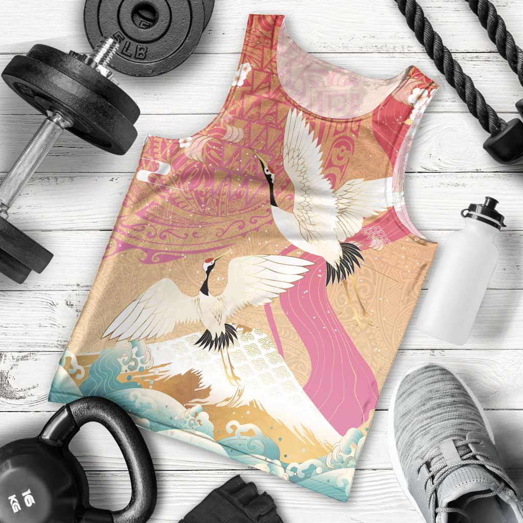 Hawaiian and Japanese Culture Together Men Tank Top Kakau Art Tattoo with Cranes and Sakura Spring Vibe LT03 - Polynesian Pride