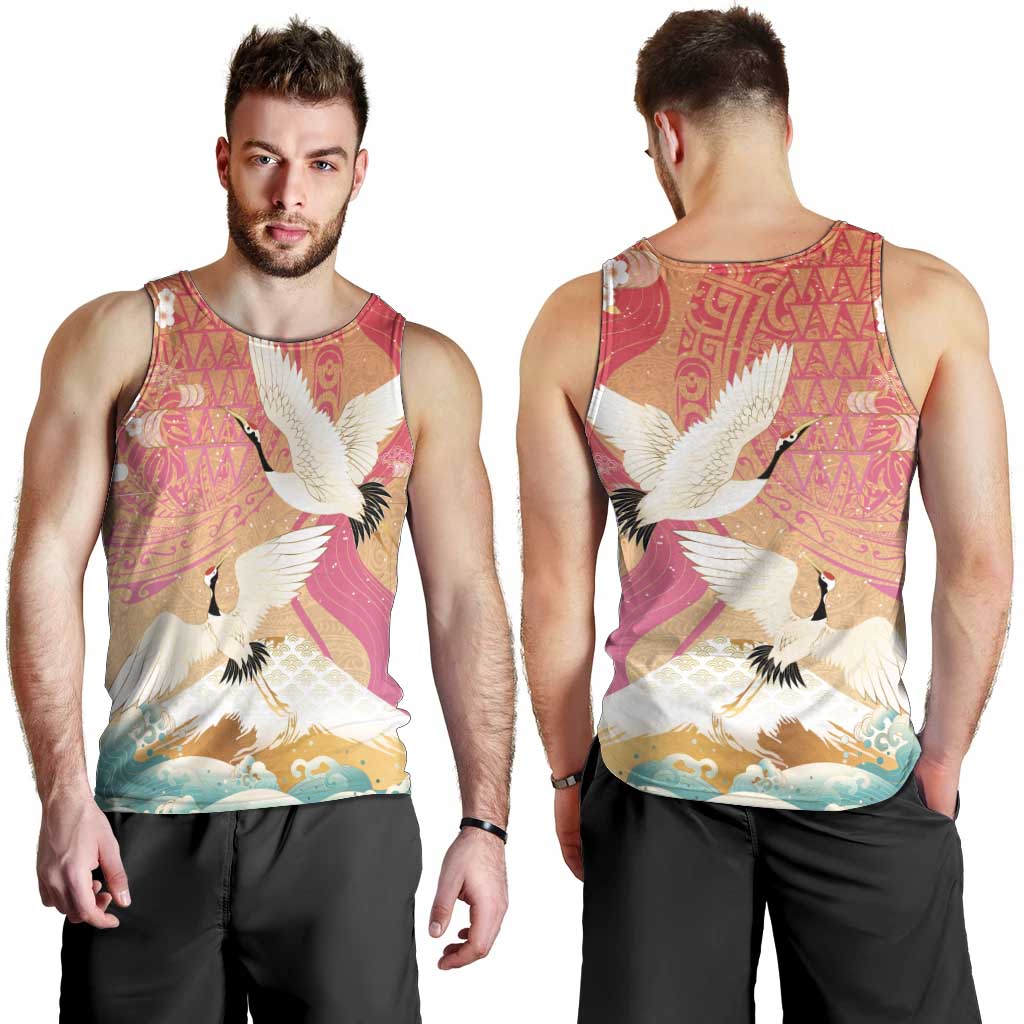 Hawaiian and Japanese Culture Together Men Tank Top Kakau Art Tattoo with Cranes and Sakura Spring Vibe LT03 - Polynesian Pride