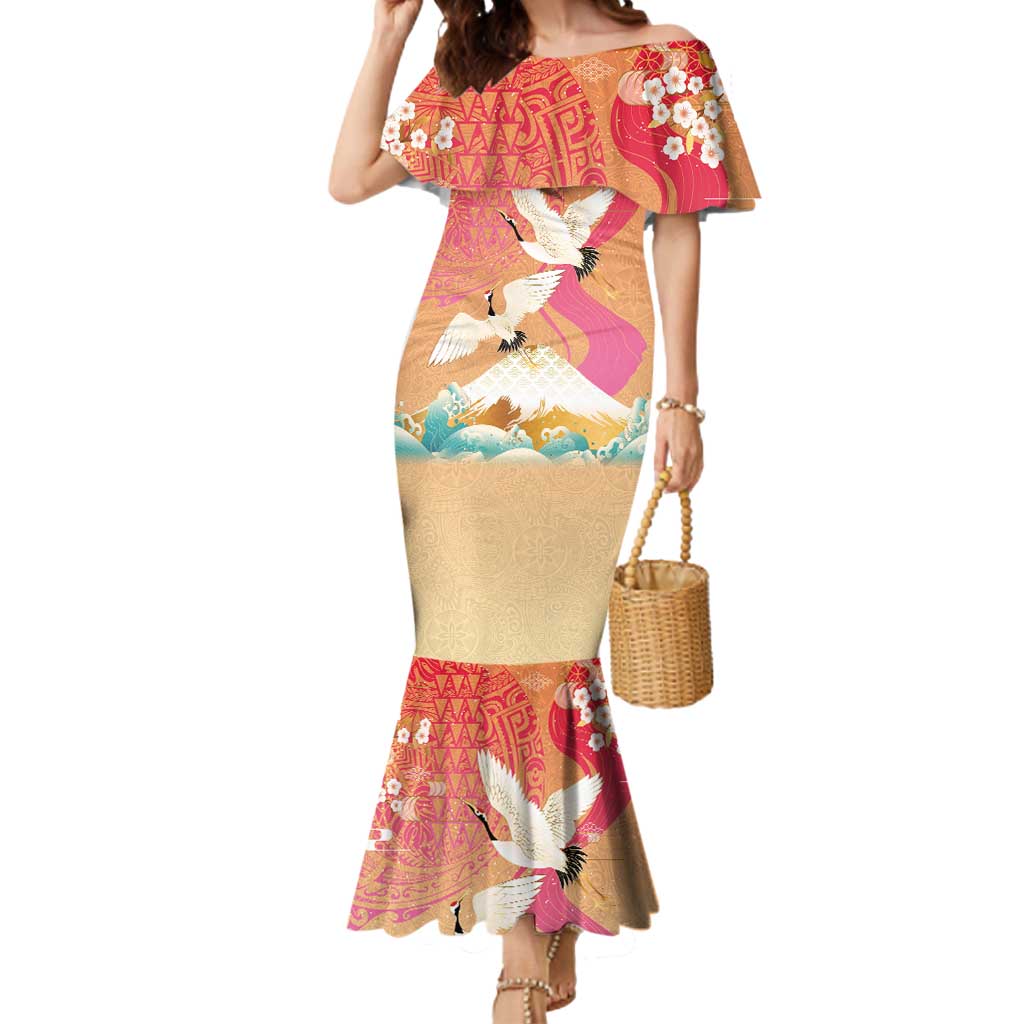 Hawaiian and Japanese Culture Together Mermaid Dress Kakau Art Tattoo with Cranes and Sakura Spring Vibe LT03 Women Multicolor - Polynesian Pride