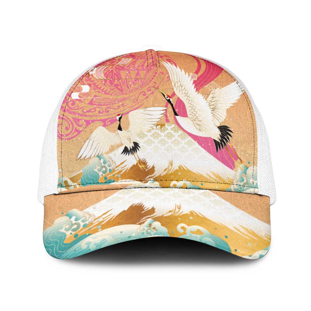 Hawaiian and Japanese Culture Together Mesh Trucker Cap Kakau Art Tattoo with Cranes and Sakura Spring Vibe - Polynesian Pride