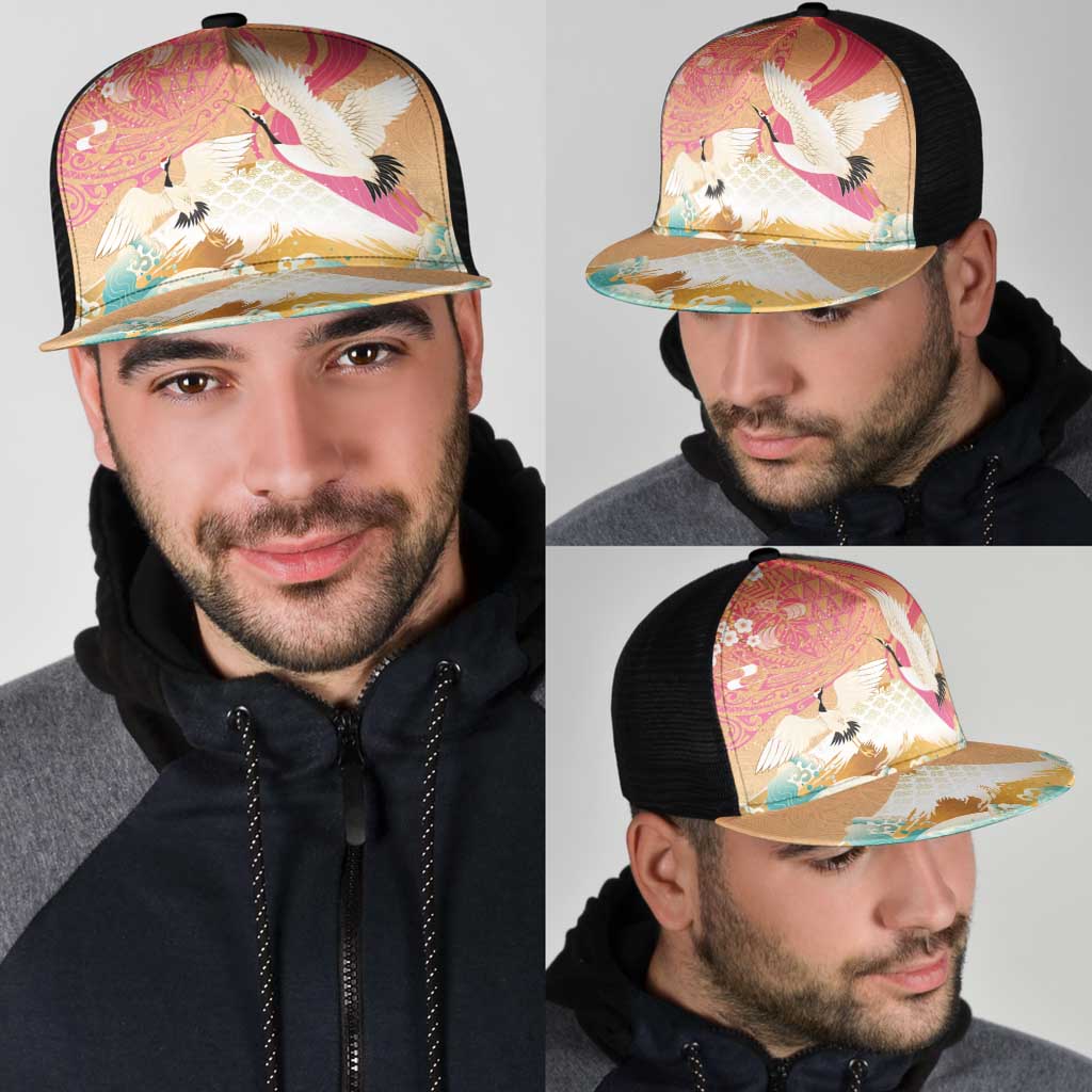 Hawaiian and Japanese Culture Together Mesh Trucker Cap Kakau Art Tattoo with Cranes and Sakura Spring Vibe - Polynesian Pride