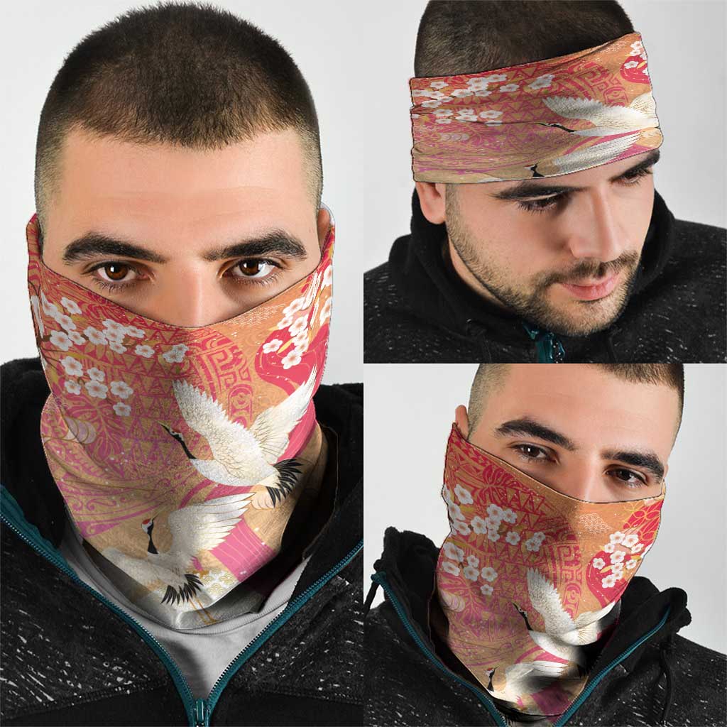 Hawaiian and Japanese Culture Together Neck Gaiter Kakau Art Tattoo with Cranes and Sakura Spring Vibe - Polynesian Pride