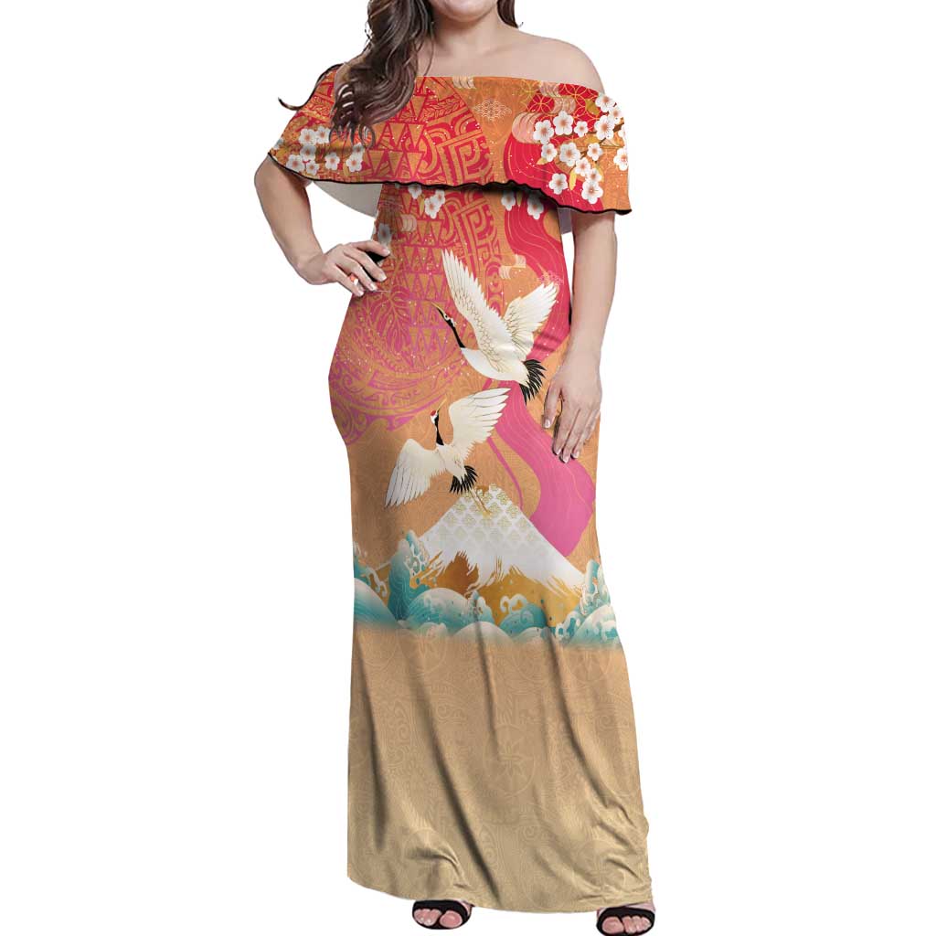 Hawaiian and Japanese Culture Together Off Shoulder Maxi Dress Kakau Art Tattoo with Cranes and Sakura Spring Vibe LT03 Women Multicolor - Polynesian Pride
