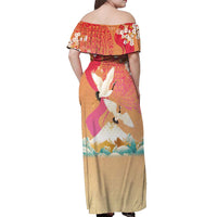 Hawaiian and Japanese Culture Together Off Shoulder Maxi Dress Kakau Art Tattoo with Cranes and Sakura Spring Vibe LT03 - Polynesian Pride