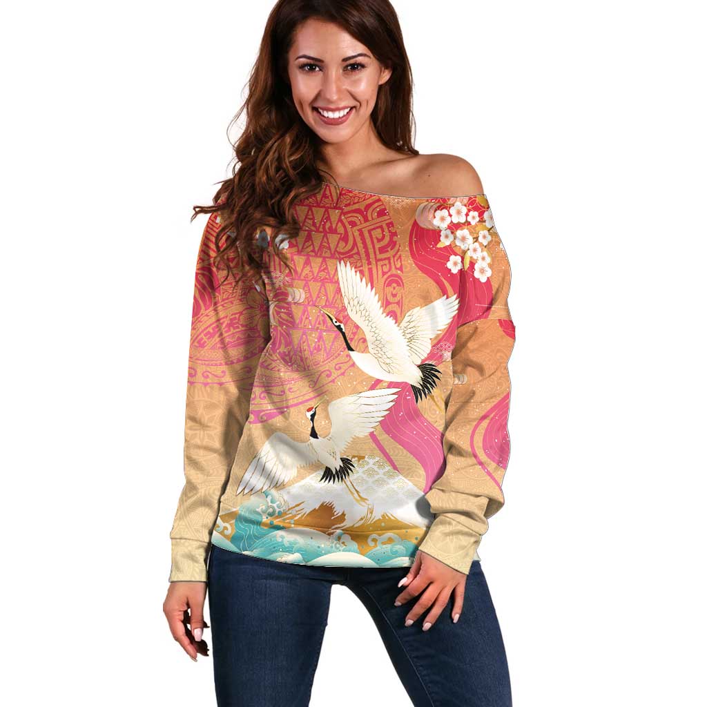 Hawaiian and Japanese Culture Together Off Shoulder Sweater Kakau Art Tattoo with Cranes and Sakura Spring Vibe LT03 Women Multicolor - Polynesian Pride