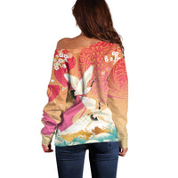 Hawaiian and Japanese Culture Together Off Shoulder Sweater Kakau Art Tattoo with Cranes and Sakura Spring Vibe LT03 - Polynesian Pride