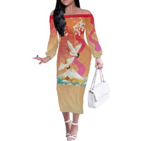 Hawaiian and Japanese Culture Together Off The Shoulder Long Sleeve Dress Kakau Art Tattoo with Cranes and Sakura Spring Vibe LT03 Women Multicolor - Polynesian Pride