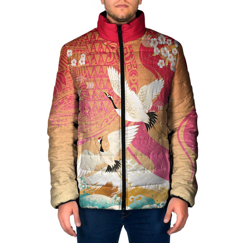 Hawaiian and Japanese Culture Together Padded Jacket Kakau Art Tattoo with Cranes and Sakura Spring Vibe LT03 Men Multicolor - Polynesian Pride