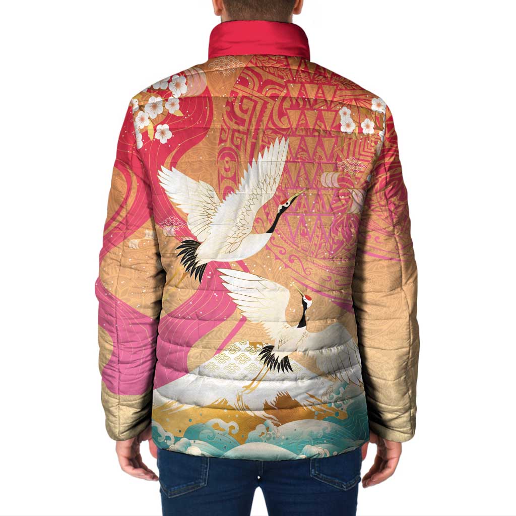Hawaiian and Japanese Culture Together Padded Jacket Kakau Art Tattoo with Cranes and Sakura Spring Vibe LT03 - Polynesian Pride