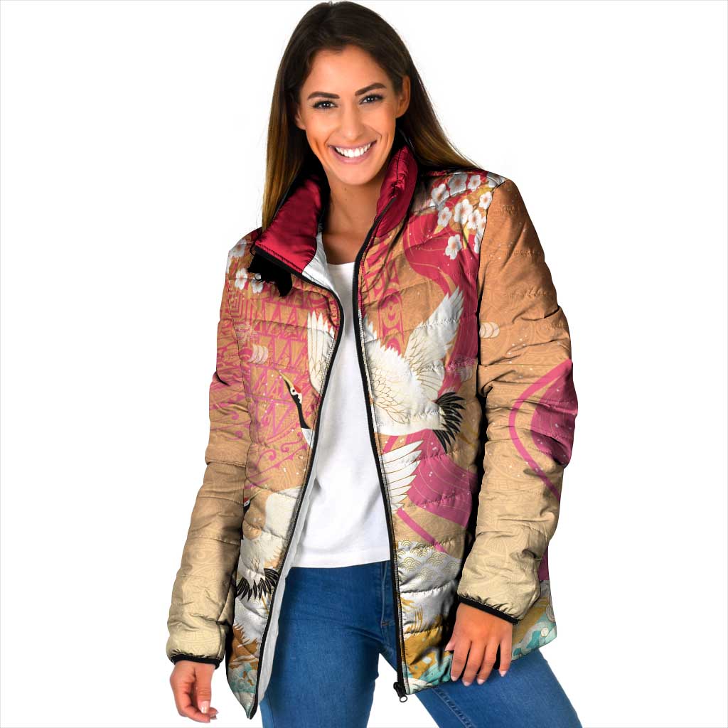 Hawaiian and Japanese Culture Together Padded Jacket Kakau Art Tattoo with Cranes and Sakura Spring Vibe LT03 Women Multicolor - Polynesian Pride