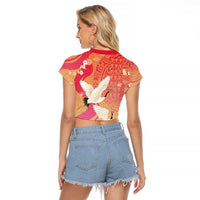 Hawaiian and Japanese Culture Together Raglan Cropped T Shirt Kakau Art Tattoo with Cranes and Sakura Spring Vibe LT03 - Polynesian Pride