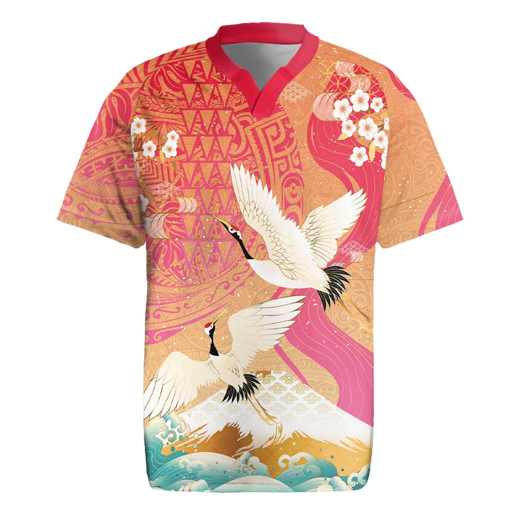 Hawaiian and Japanese Culture Together Rugby Jersey Kakau Art Tattoo with Cranes and Sakura Spring Vibe - Polynesian Pride