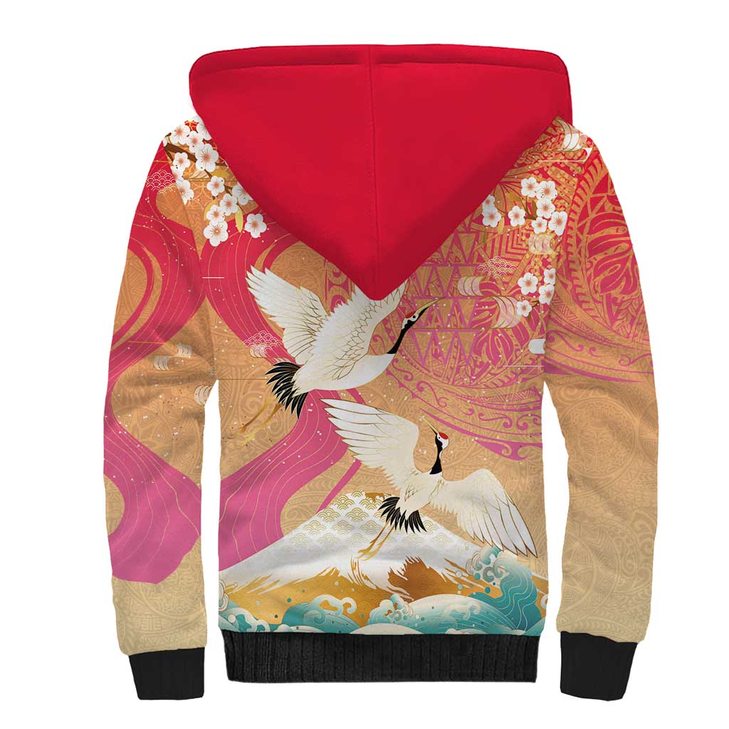 Hawaiian and Japanese Culture Together Sherpa Hoodie Kakau Art Tattoo with Cranes and Sakura Spring Vibe LT03 - Polynesian Pride