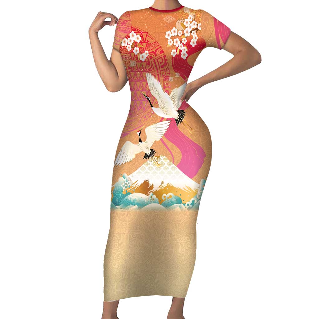 Hawaiian and Japanese Culture Together Short Sleeve Bodycon Dress Kakau Art Tattoo with Cranes and Sakura Spring Vibe - Polynesian Pride