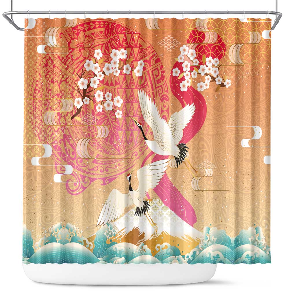 Hawaiian and Japanese Culture Together Shower Curtain Kakau Art Tattoo with Cranes and Sakura Spring Vibe LT03 Multicolor - Polynesian Pride