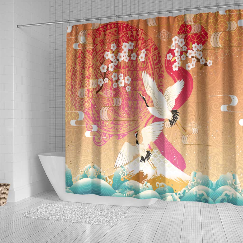 Hawaiian and Japanese Culture Together Shower Curtain Kakau Art Tattoo with Cranes and Sakura Spring Vibe LT03 - Polynesian Pride
