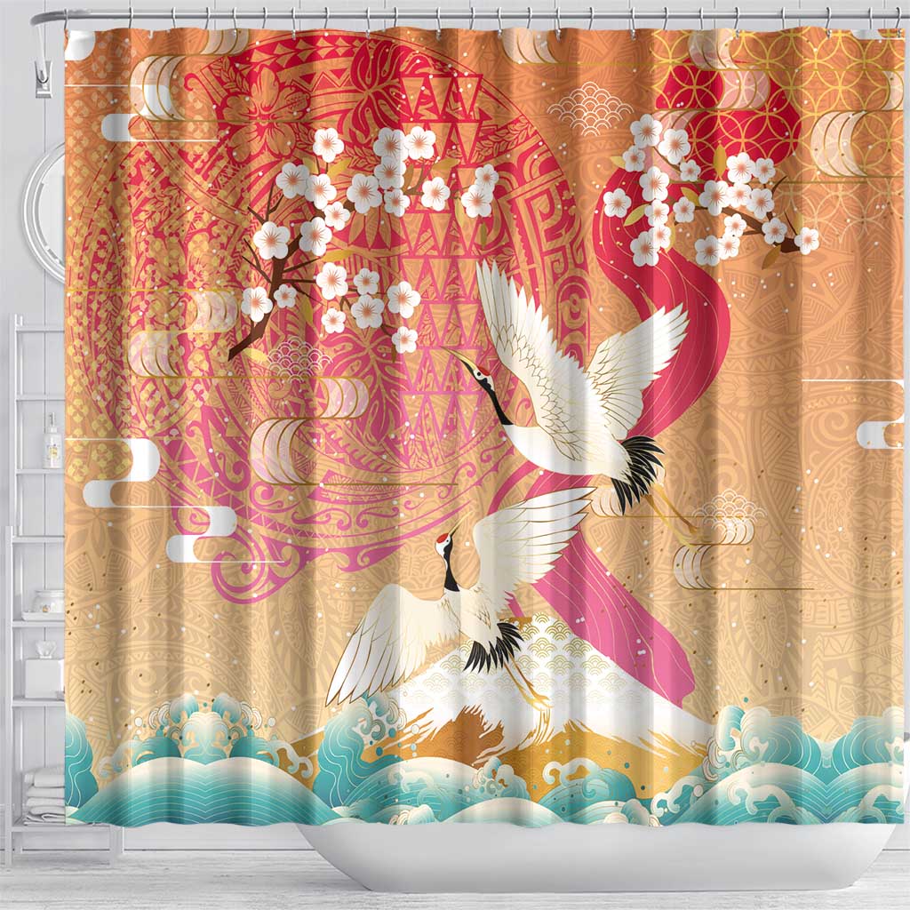 Hawaiian and Japanese Culture Together Shower Curtain Kakau Art Tattoo with Cranes and Sakura Spring Vibe LT03 - Polynesian Pride