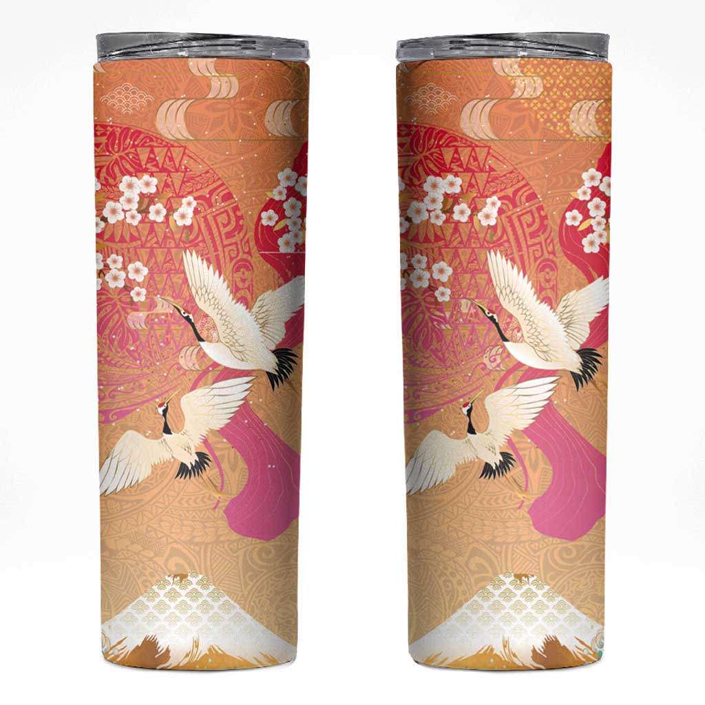Hawaiian and Japanese Culture Together Skinny Tumbler Kakau Art Tattoo with Cranes and Sakura Spring Vibe LT03 Multicolor - Polynesian Pride