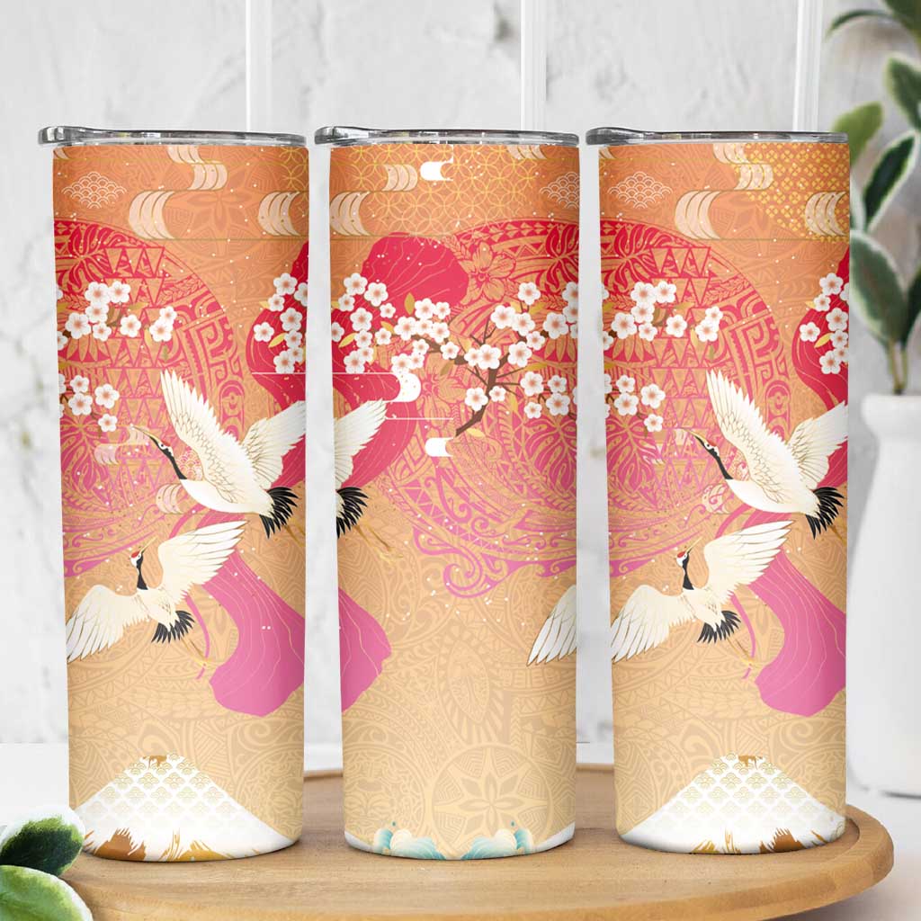 Hawaiian and Japanese Culture Together Skinny Tumbler Kakau Art Tattoo with Cranes and Sakura Spring Vibe LT03 - Polynesian Pride