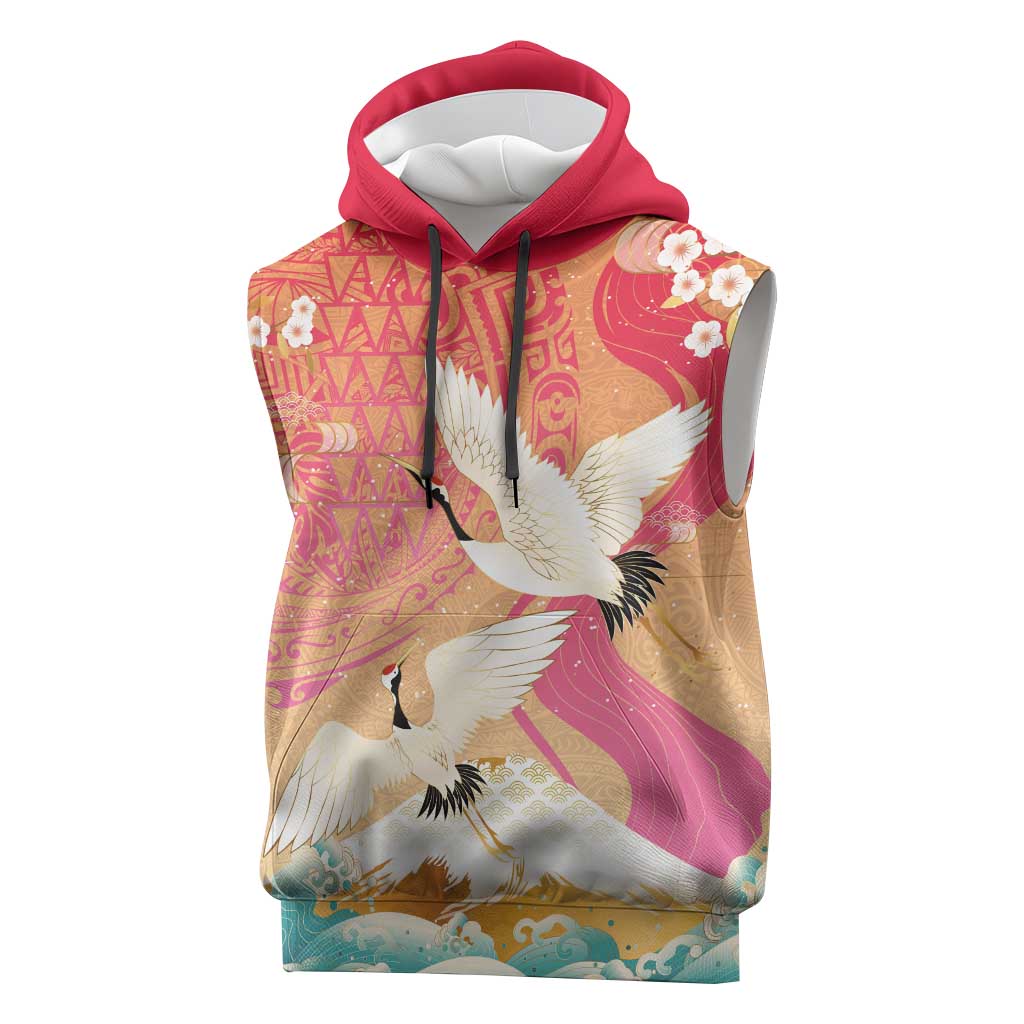 Hawaiian and Japanese Culture Together Sleeveless Hoodie Kakau Art Tattoo with Cranes and Sakura Spring Vibe - Polynesian Pride