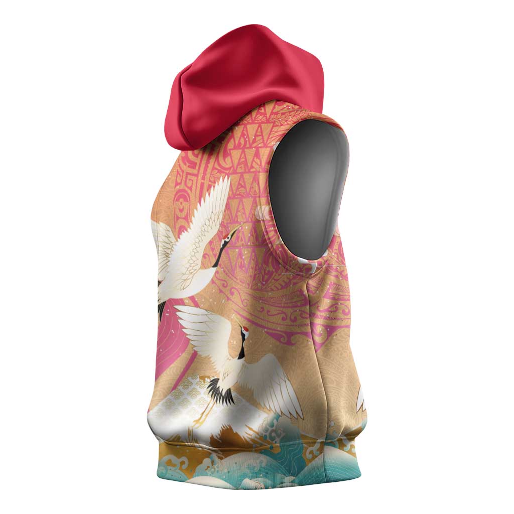 Hawaiian and Japanese Culture Together Sleeveless Hoodie Kakau Art Tattoo with Cranes and Sakura Spring Vibe LT03 - Polynesian Pride