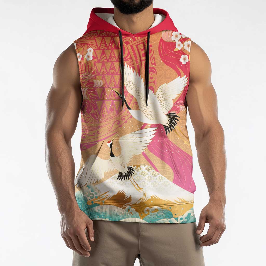 Hawaiian and Japanese Culture Together Sleeveless Hoodie Kakau Art Tattoo with Cranes and Sakura Spring Vibe LT03 - Polynesian Pride